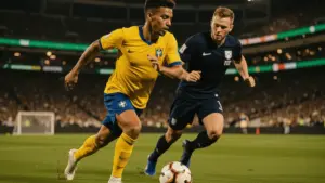 Brazil and Scotland players competing for soccer ball during intense World Cup match at stadium