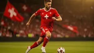 Switzerland striker in red jersey attacking during World Cup match with dramatic stadium lighting