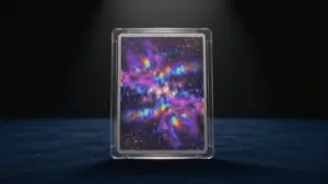 Holographic basketball rookie card in protective case with dramatic lighting and nebula effects