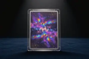 Holographic basketball rookie card in protective case with dramatic lighting and nebula effects