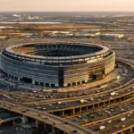 Aerial view of MetLife Stadium surrounded by highway interchanges in New Jersey Meadowlands