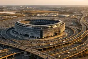 Aerial view of MetLife Stadium surrounded by highway interchanges in New Jersey Meadowlands