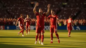 Canadian soccer players celebrating during World Cup knockout stage match at stadium
