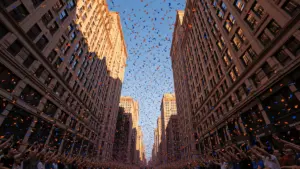 Ticker tape parade with orange and blue confetti falling through Manhattan's Canyon of Heroes