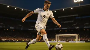 New Zealand striker in white kit striking soccer ball in World Cup stadium action shot