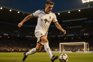 New Zealand striker in white kit striking soccer ball in World Cup stadium action shot