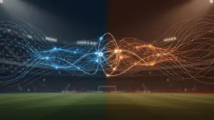 AI neural network visualization over soccer stadium split between USA and Scotland team colors