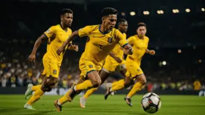 Colombian soccer players in yellow jerseys attacking during World Cup match at night stadium