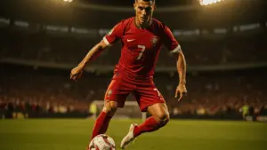 Cristiano Ronaldo striking the ball for Portugal in World Cup 2026 qualifying match