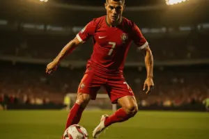 Cristiano Ronaldo striking the ball for Portugal in World Cup 2026 qualifying match