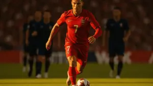 Cristiano Ronaldo in Portugal jersey preparing to strike during World Cup match