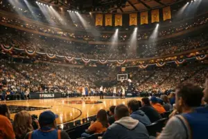 Madison Square Garden packed with fans during NBA Finals game with dramatic arena lighting