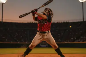 College baseball catcher in batting stance showing power hitting form at home plate during game
