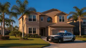 Police vehicle outside Florida home during investigation at sunset in suburban Davie neighborhood