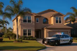 Police vehicle outside Florida home during investigation at sunset in suburban Davie neighborhood