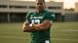 NFL linebacker in Jets uniform commanding presence at practice facility during minicamp