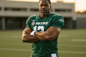 NFL linebacker in Jets uniform commanding presence at practice facility during minicamp