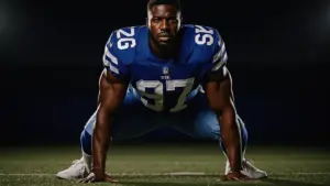 Giants defensive tackle in ready stance on NFL field symbolizing interior line dominance and defensive identity