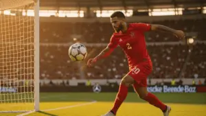 Morocco soccer player shooting goal at Mercedes-Benz Stadium during World Cup 2026 match