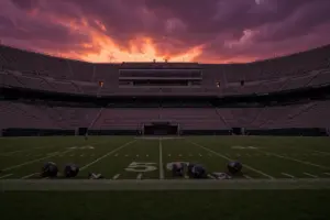 Empty NFL stadium at dusk symbolizing athletic career decline and legal troubles
