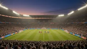 FIFA World Cup stadium filled with fans during group stage match at dusk under floodlights