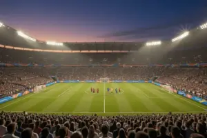 FIFA World Cup stadium filled with fans during group stage match at dusk under floodlights
