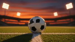 Soccer ball on stadium field at sunset representing World Cup betting in Florida