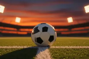 Soccer ball on stadium field at sunset representing World Cup betting in Florida