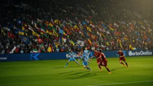 World Cup stadium packed with fans during an intense international football match under floodlights