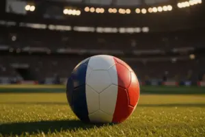 Soccer ball on stadium grass with dramatic World Cup atmosphere and French flag colors in lighting