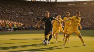 France attacking against Sweden in World Cup knockout match at packed MetLife Stadium