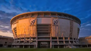 MetLife Stadium exterior with World Cup 2026 banners at sunset in East Rutherford, New Jersey