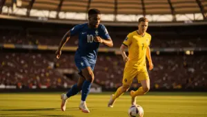 France player attacking against Sweden defender in World Cup 2026 Round of 32 match at MetLife Stadium