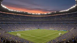 MetLife Stadium during World Cup knockout match with packed crowds and dramatic evening lighting