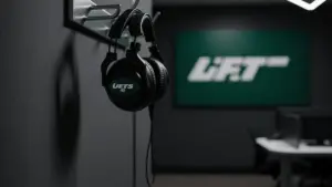 NFL coaching headset hanging in team facility office with dramatic lighting