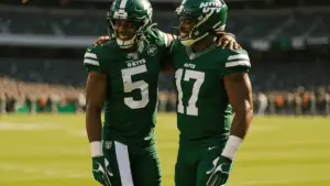 Two New York Jets players celebrating together on sideline showing team camaraderie and mutual respect