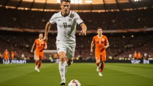 German soccer player attacking with ball against Ivory Coast defenders in stadium match