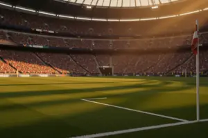 MetLife Stadium World Cup match with dramatic lighting and crowd
