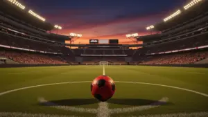 Soccer stadium at dusk with illuminated pitch and ball at center circle for World Cup knockout match