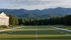 Giants training camp practice field at Greenbrier Resort with West Virginia mountains in background