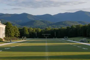 Giants training camp practice field at Greenbrier Resort with West Virginia mountains in background