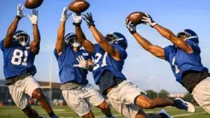 Giants wide receivers competing for catches during minicamp practice on outdoor training field
