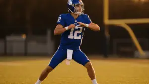 Giants quarterback in practice showing refined throwing mechanics and pocket presence during training