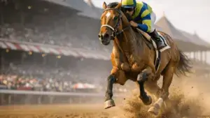 Thoroughbred racehorse Golden Tempo racing at Saratoga Race Course for the 2026 Belmont Stakes