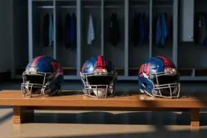 Empty Giants locker room with three helmets on benches symbolizing roster cut uncertainty