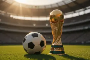 Soccer ball and World Cup trophy on stadium pitch at golden hour
