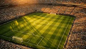 Soccer stadium at golden hour with green pitch and crowd in stands for World Cup betting guide