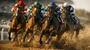 Thoroughbred racehorses competing neck-and-neck during the Belmont Stakes at Saratoga Race Course