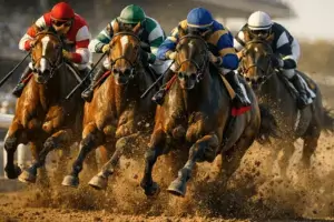 Thoroughbred racehorses competing neck-and-neck during the Belmont Stakes at Saratoga Race Course