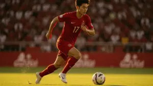 South Korean soccer player sprinting with ball during World Cup match